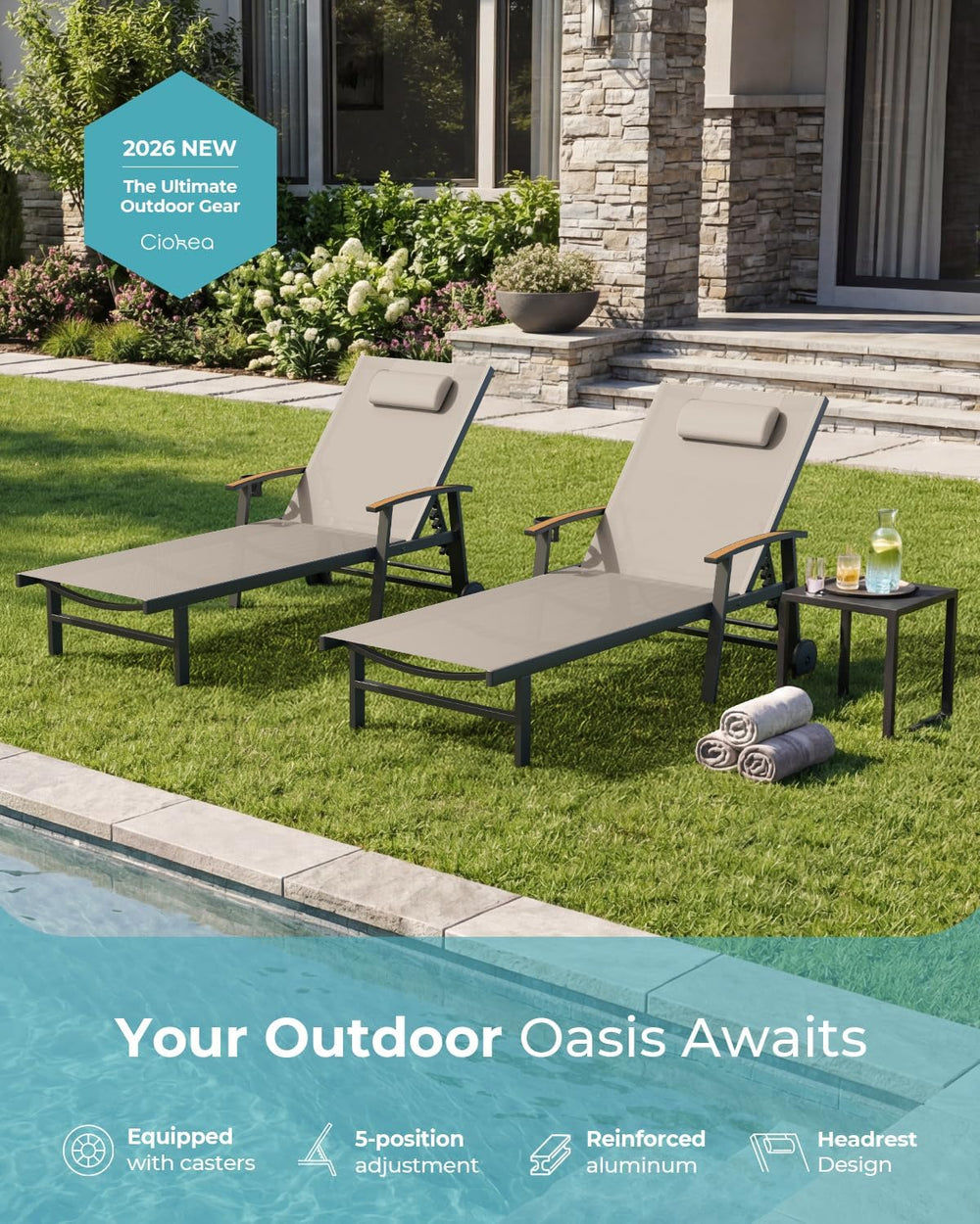 Ciokea Outdoor Lounge Chair with Pillow, 5-Position Aluminum Chaise Lounge wi...