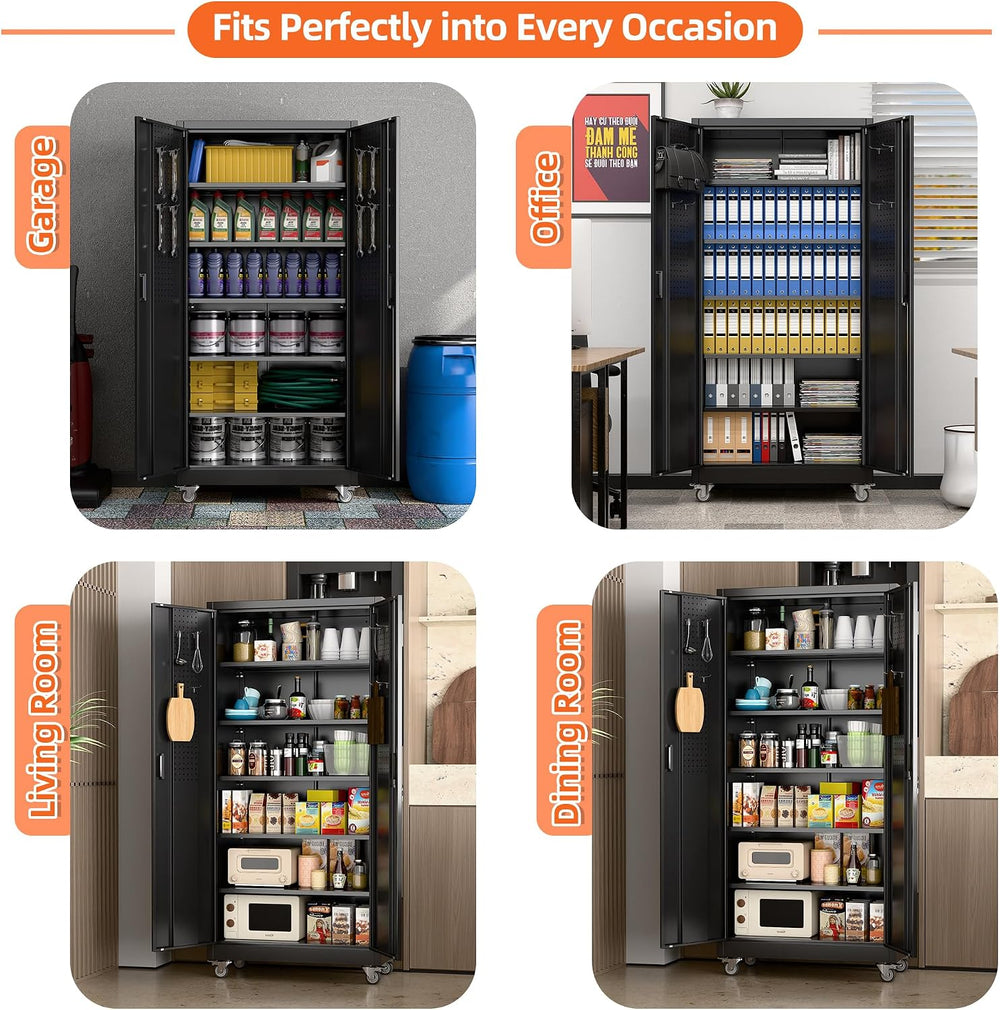 Aobabo Metal Garage Storage Cabinet with Wheels, 71" Tall Lockable Cabinet
