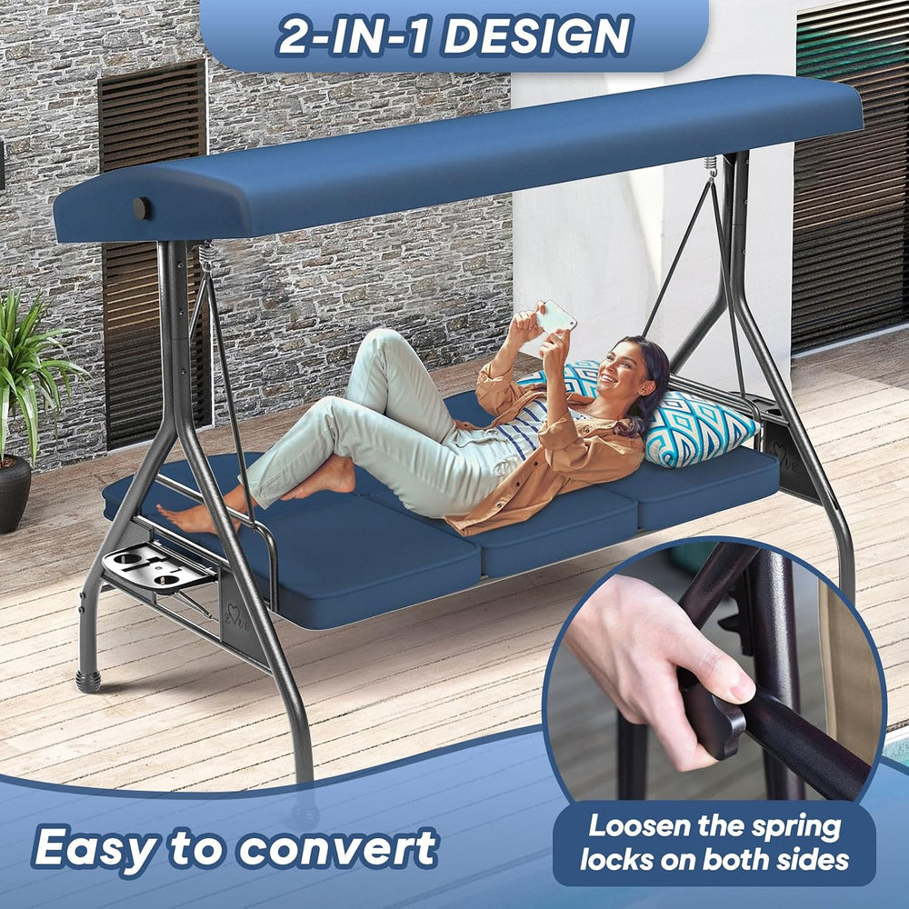 ZZW 3 Seat Outdoor Porch Patio Swing with Stand 800lbs 2-in-1 Convertible Swi...