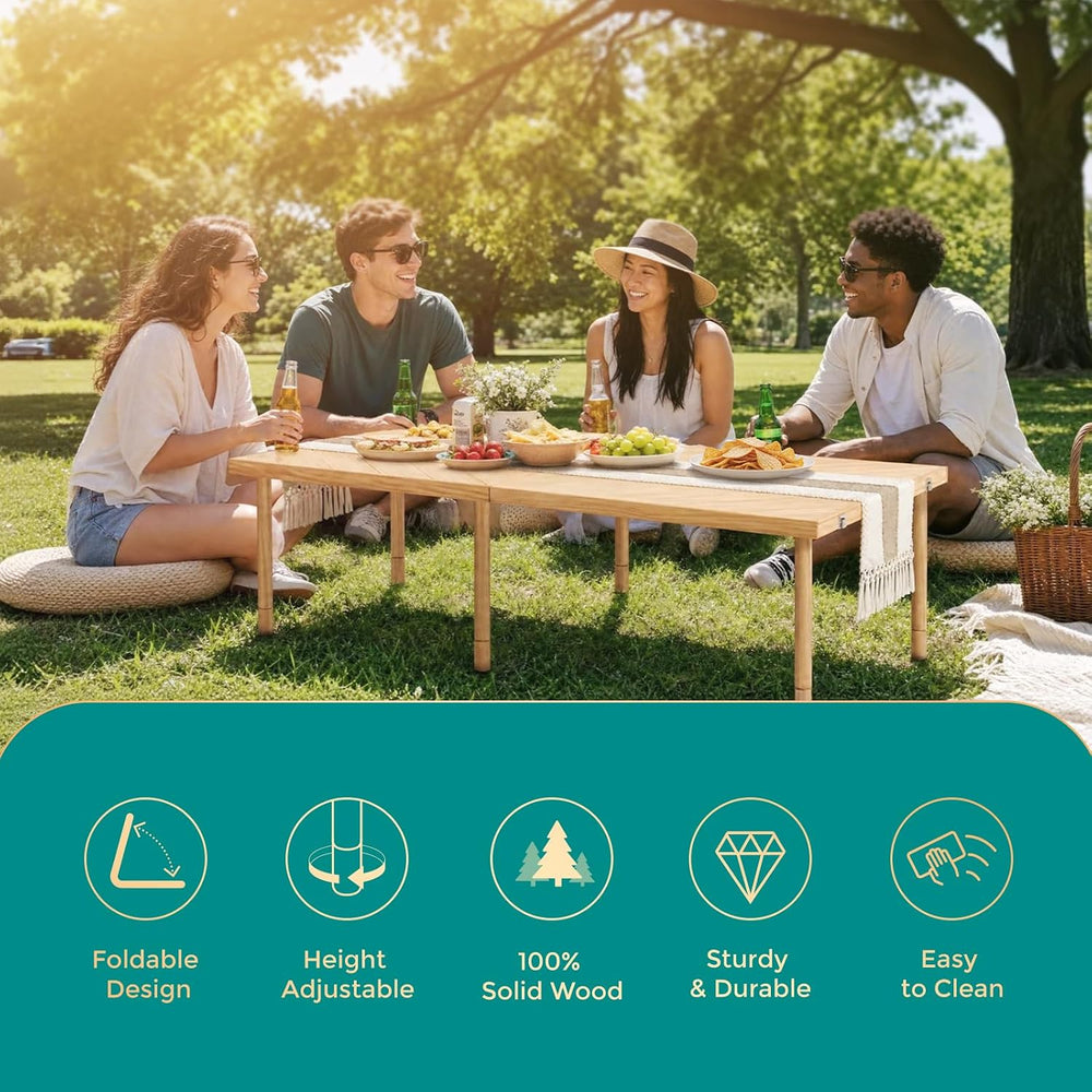 Boho Folding Low Picnic Table 60"x30", Solid Wood Portable Beach Ca...