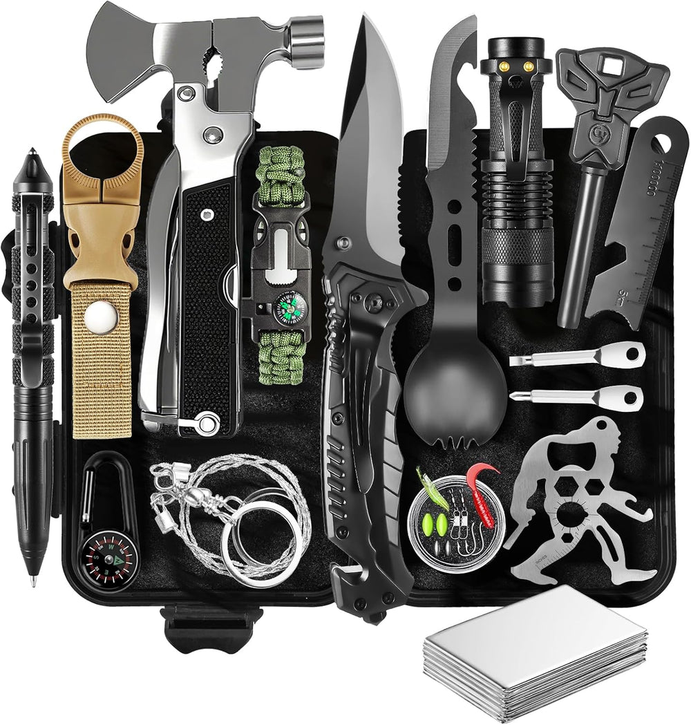 27-in-1 Survival Gear Kit, Camping Tools for Hiking, Fishing & Emergencies