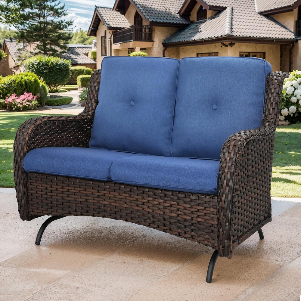 Patio Loveseat Wicker Loveseat Rattan Glider Sofa with Curved Armrest Thickin...