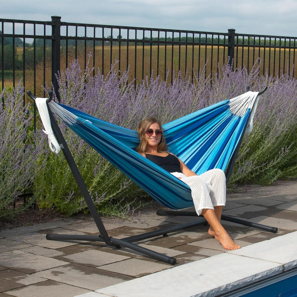 Vivere Double Cotton Hammock with Space Saving Steel Stand, Upgraded Polyeste...