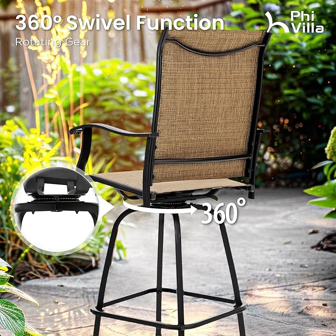 PHI VILLA 3 PCS Patio Swivel Bar Sets Textilene High Bistro Sets with 2 Outdo...
