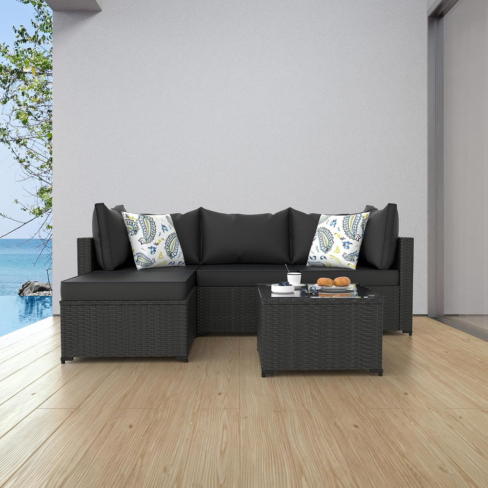 Patio Furniture Set, 5PCS Outdoor Sectional w/ Ottoman & Cushion, Black