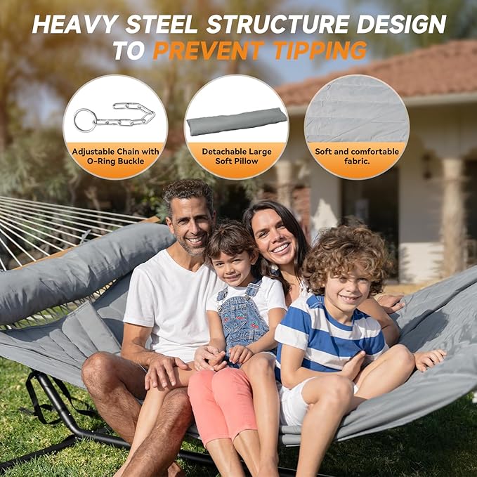 2 Person Outdoor Hammock with Stand, Cotton Rope Hammock with Polyester Pad, ...