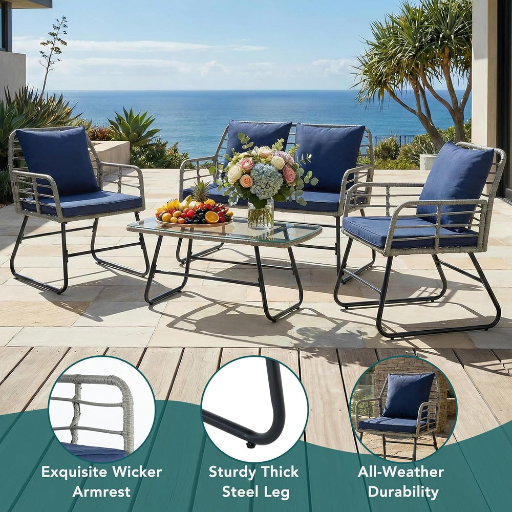 DUMOS Outdoor 4 Piece Outdoor Patio Furniture Set, Wicker Patio Set