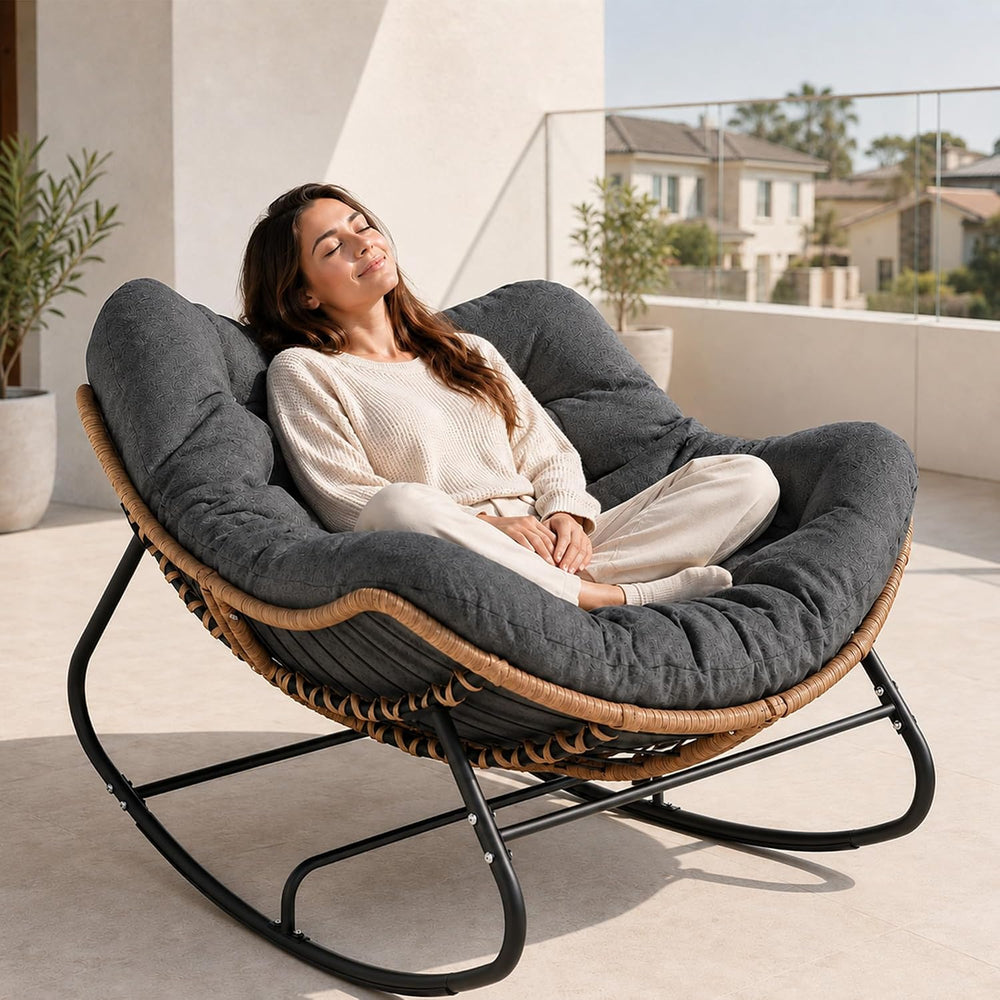 SWITTE Papasan Rocking Chair, Outdoor Wicker Egg Rocker with Cushion, Grey