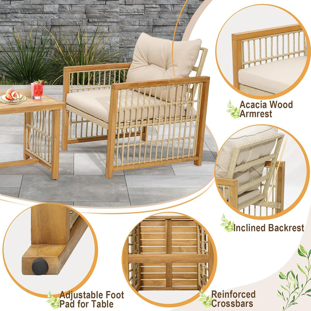 Tangkula 3 Pieces Acacia Wood Patio Furniture Set, PE Wicker Bistro Set with ...