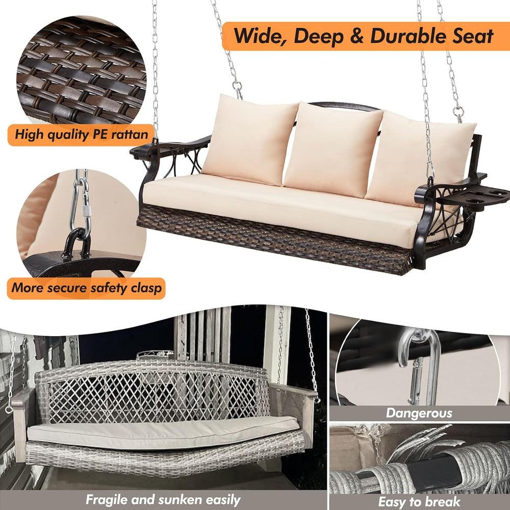 ZZW 3-Person Wicker Porch Swing Chair Heavy Duty 900 LBS Outdoor Rattan Patio...