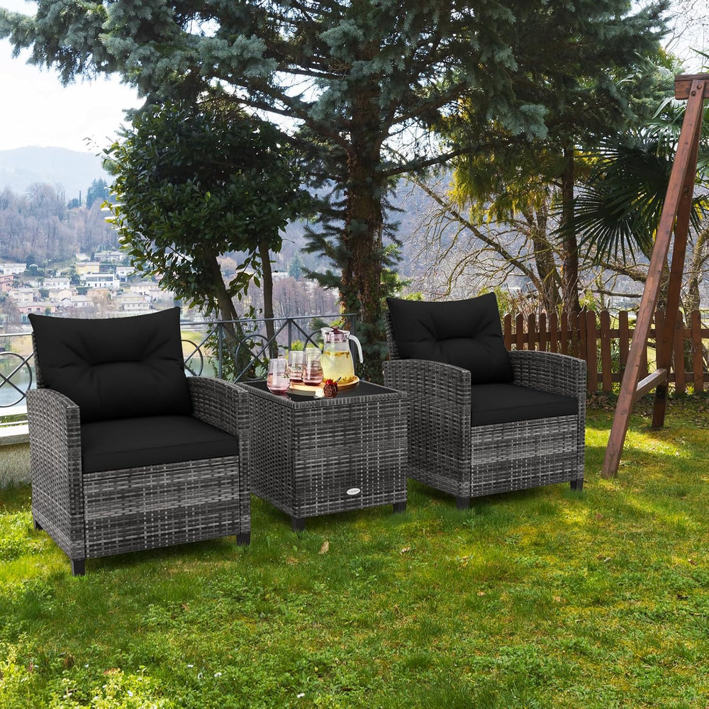 RELAX4LIFE 3 Piece Patio Furniture Set, Wicker Bistro Conversation Set w/2 Cu...