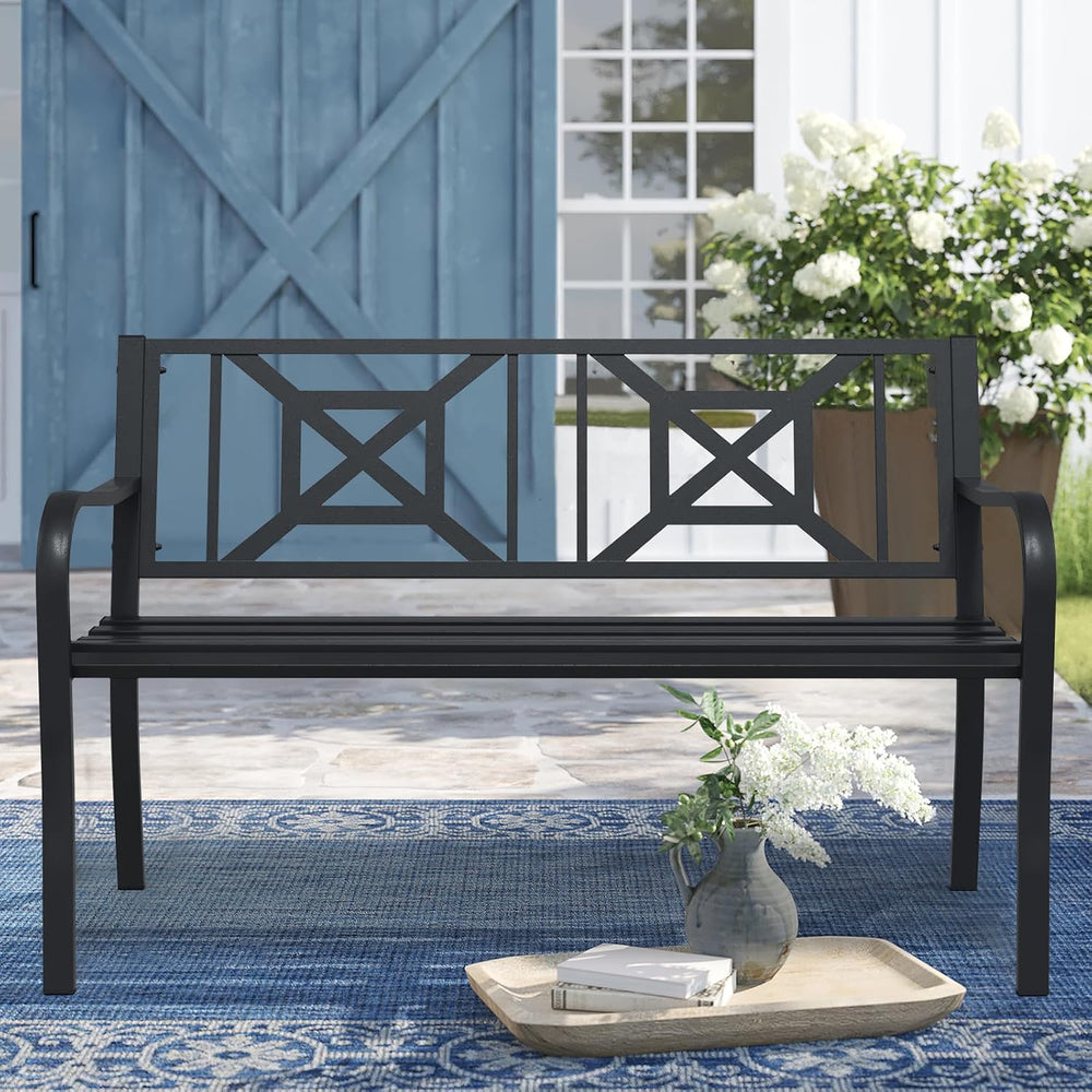 Black Outdoor Bench, Metal Weatherproof Garden Bench Cast Iron Heavy-Duty Pat...