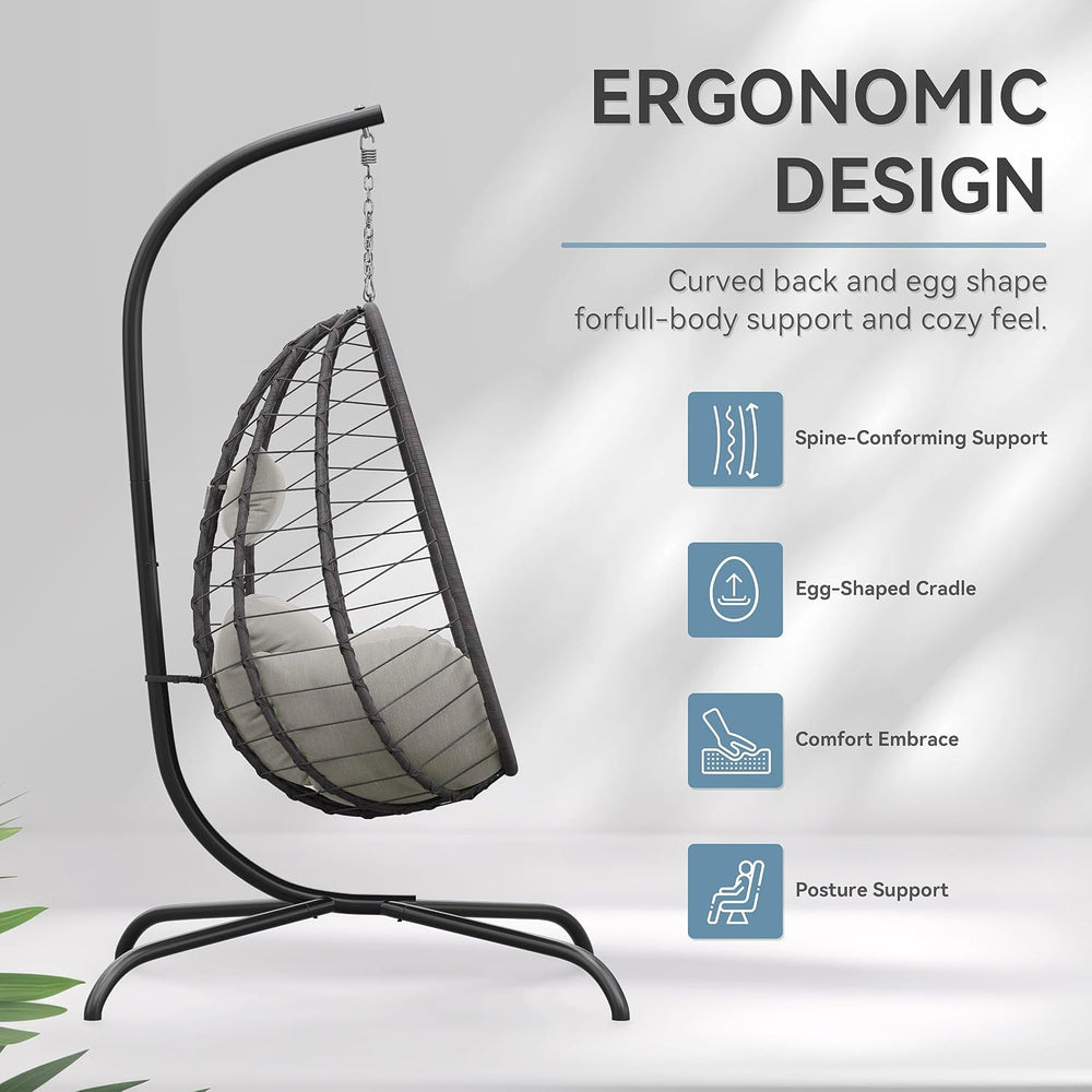 Foldable Egg Chair with Stand, 485LBS Capacity Wicker Rattan Hammock Swing Ch...