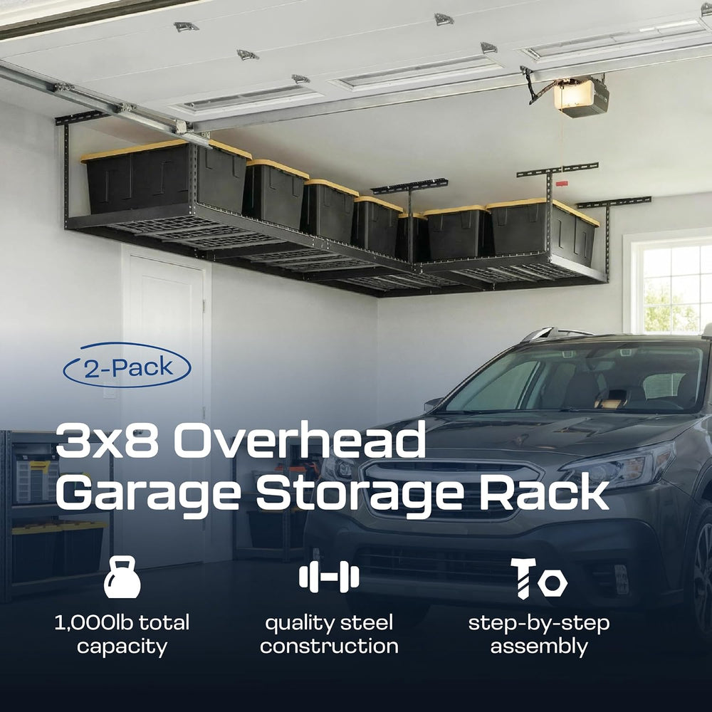 MonsterRax 2-Pack 3x8 Overhead Garage Storage Rack, Gray, 12"-24" H...