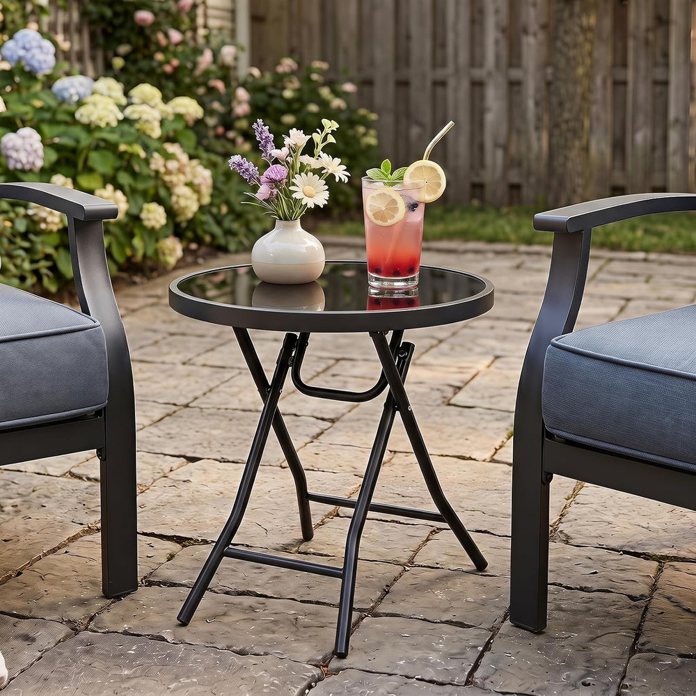GIANTEX Folding Side Table w/Tempered Glass Tabletop & Metal Frame Set of 2