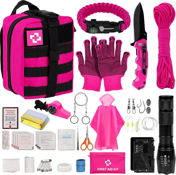 Emergency Survival Kit and First Aid Kit, Self Defense Kit Safety Kit, Survival Gear and Equipment with Tactical Molle Pouch and Emergency Tent, Outdoor Adventure, Hiking, Hunting, Gifts for Men Women