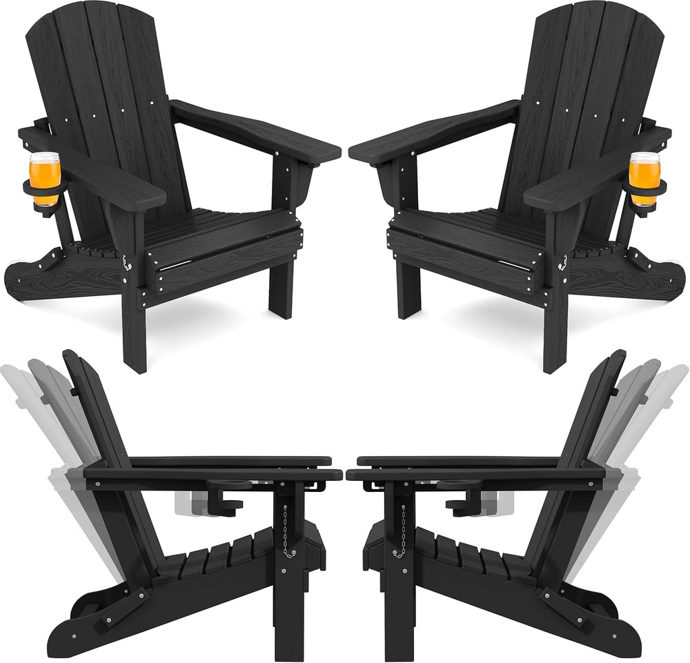 SERWALL Folding Adjustable Adirondack Chairs Set of 4, Cup Holders, Black