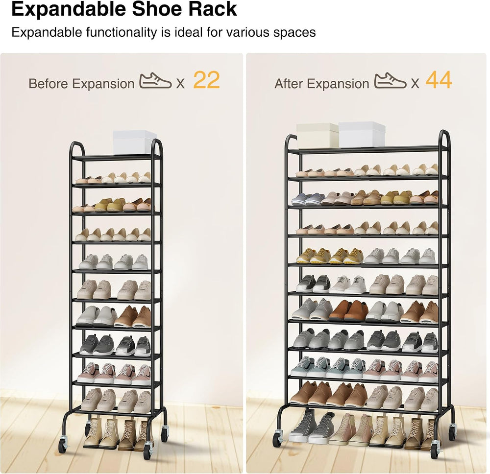 STO STO 10-Tier Expandable Tall Shoe Rack for Garage, 44 Pairs, Black