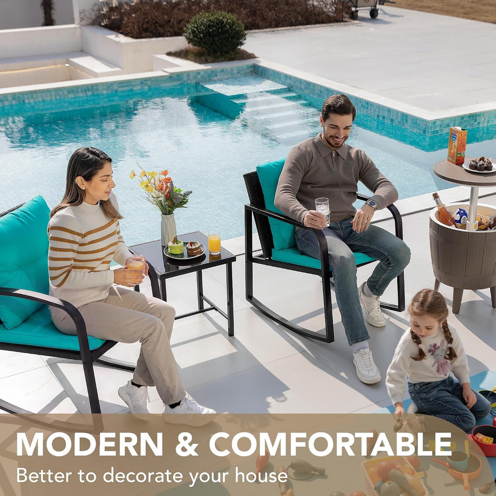 Devoko 3 Pieces Patio Furniture Set Wicker Outdoor Rocking Chair, Blue