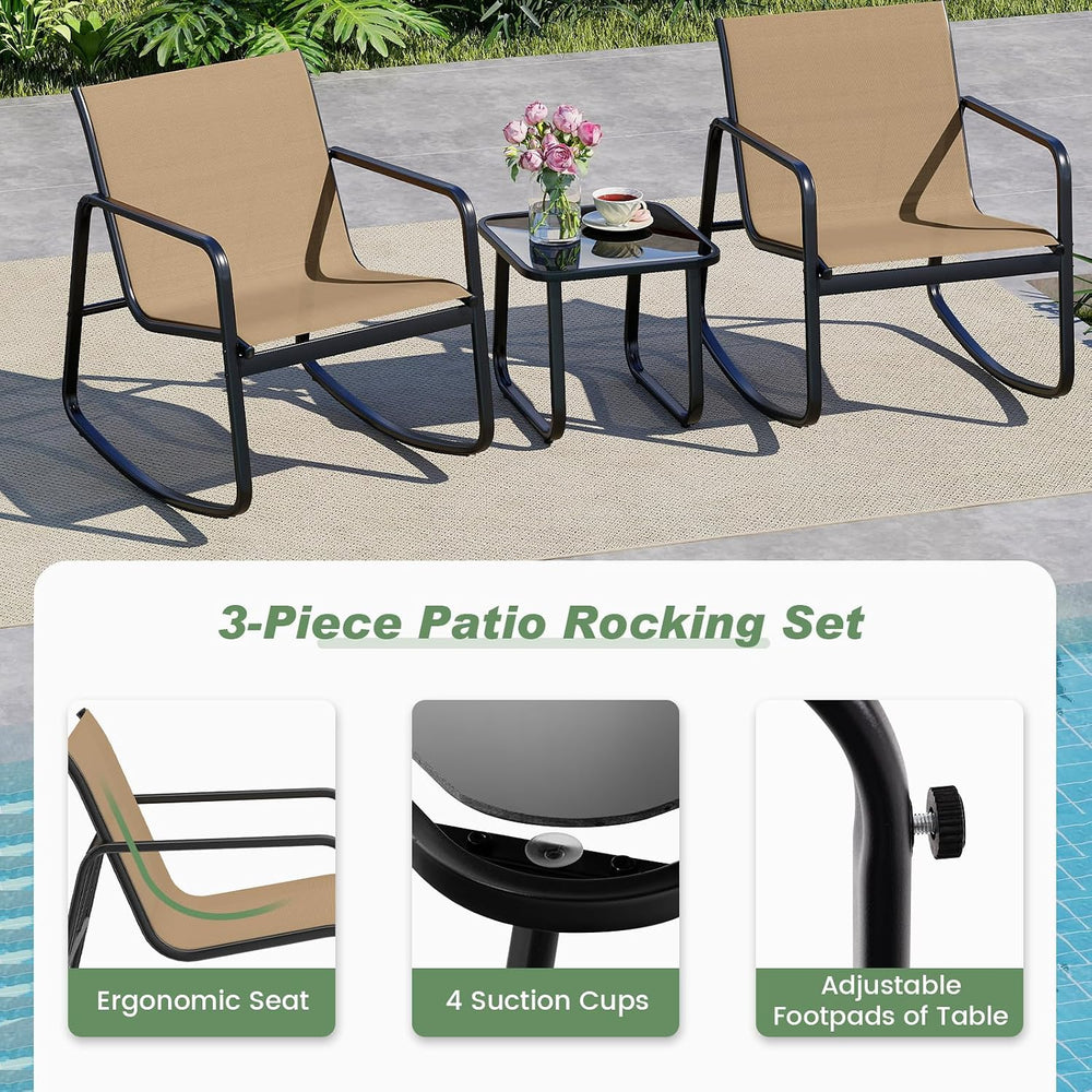 HAPPYGRILL 3 Pieces Patio Rocking Bistro Set with Glass-Top Table, Rocking Bi...