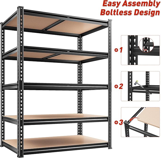 REIBII 2400LBS Storage Shelves 5 Tier Garage Shelving Heavy Duty, Adjustable ...
