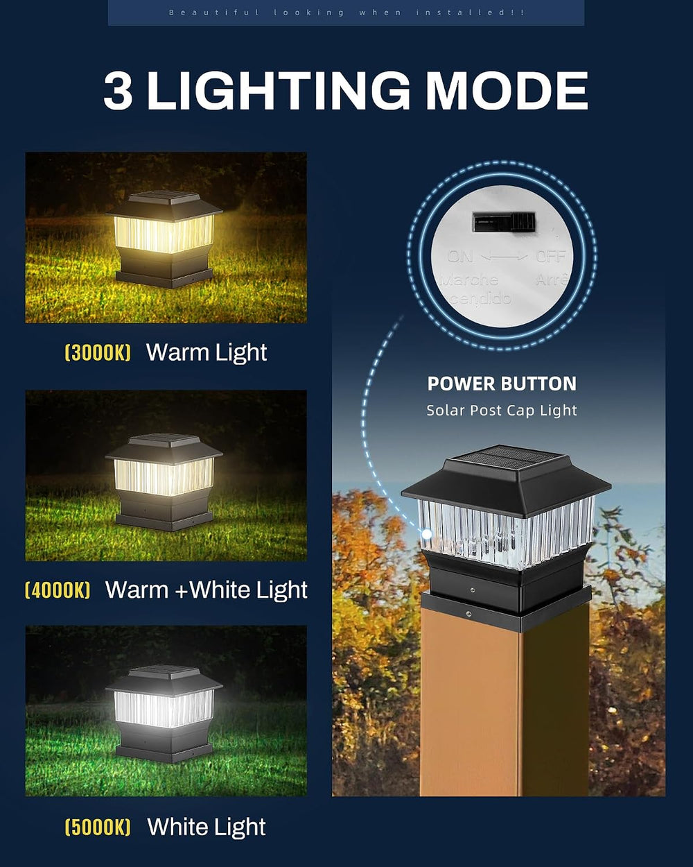 3.5x3.5 Solar Post Cap Lights, 3 Modes, Black, 6 Pack