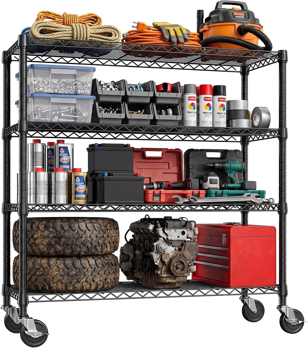 IZEUK 4-Tier Black Wire Shelving Unit with Wheels, Heavy Duty Storage Rack 14...