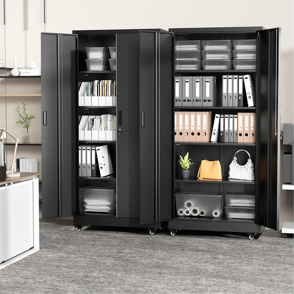 Greenvelly Metal Garage Storage Cabinet with Wheels, Black 73" Rolling M...