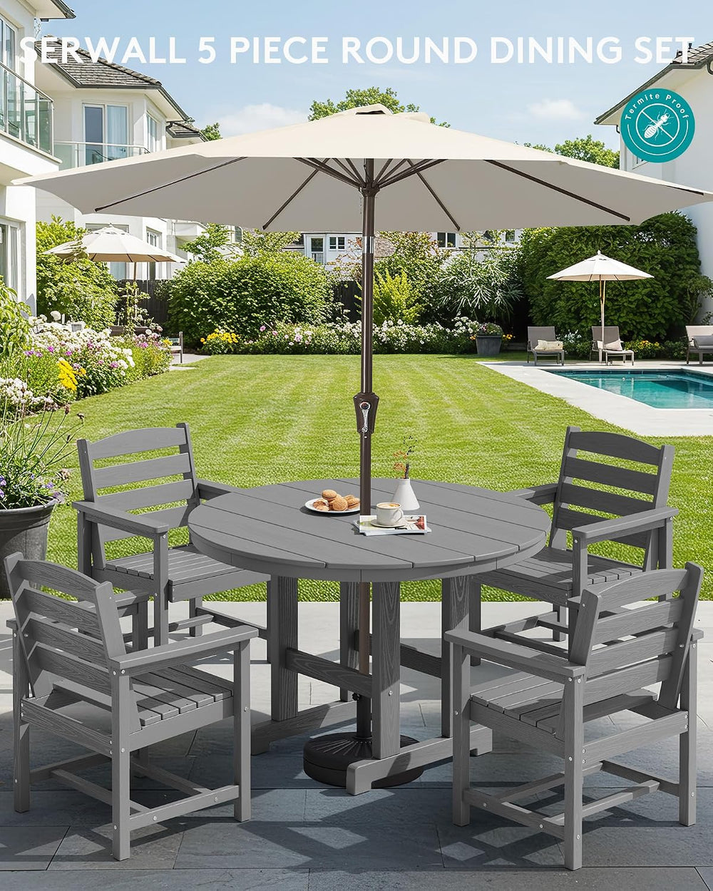 SERWALL 5-Piece Patio Round Dining Set, 45" Table, 4 Chairs, Grey