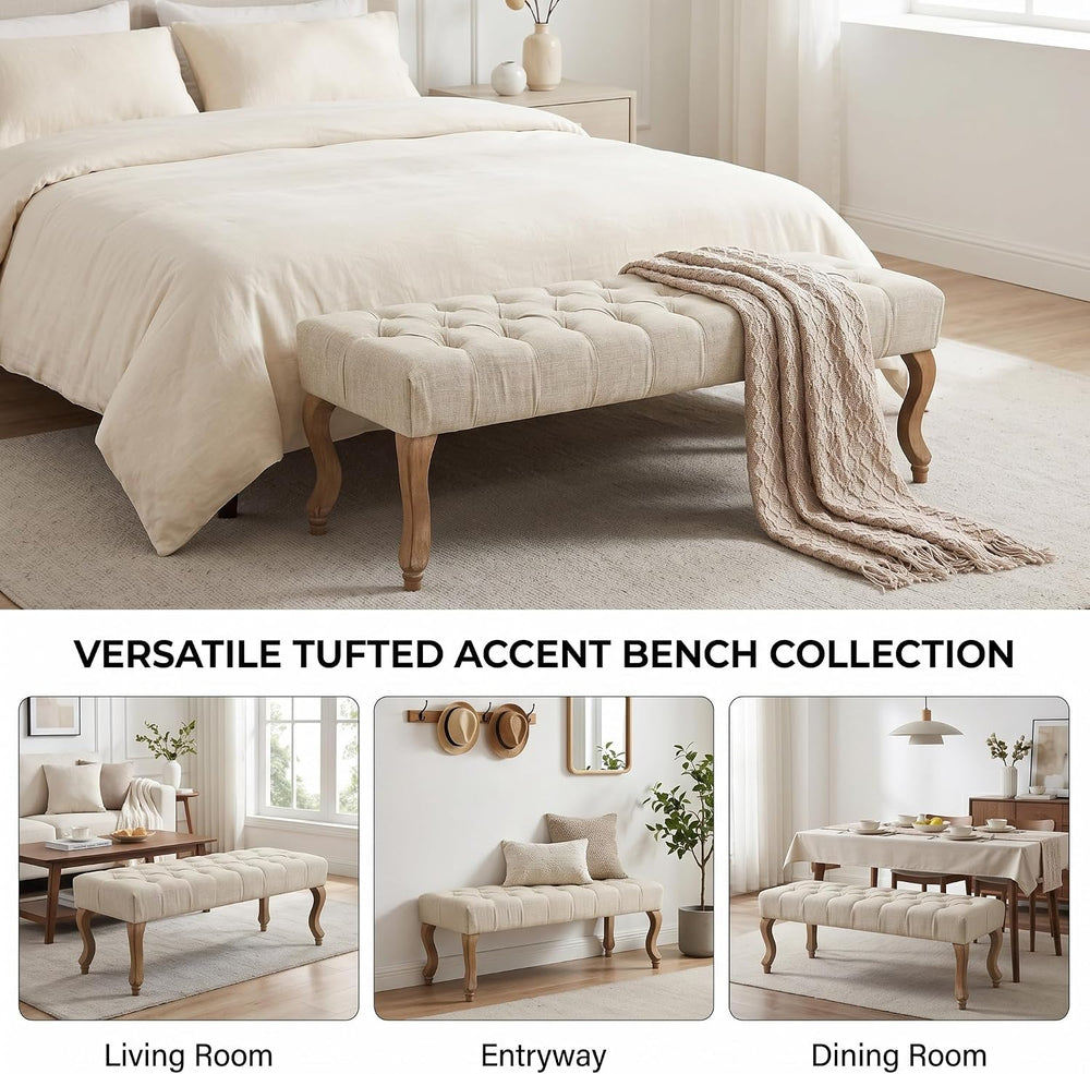 40" Accent Bench, Upholstered Tufted Ottoman Bench French Vintage Entryw...