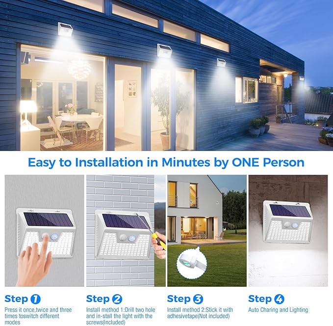 Peasur White Solar Lights Outdoor Waterproof, 8 Pack 140LED Bright Motion Sen...