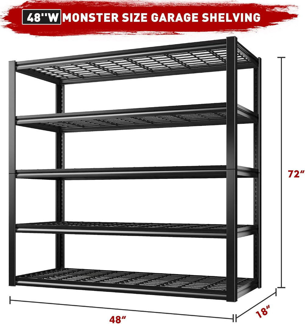 REIBII 48" W Garage Shelving Load 2500LBS, 5 Tier Storage Shelves, Adjus...