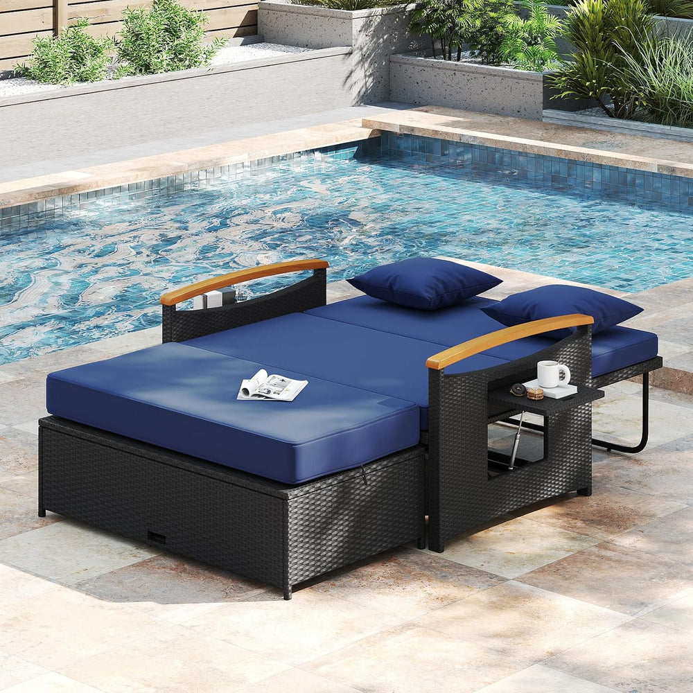 Moccha Outdoor Wicker Daybed, Patio Rattan Loveseat Sofa w/ 4-Level Adjustabl...
