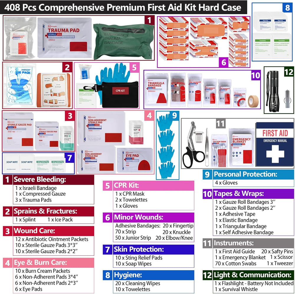 Hard Case First Aid Kit 408 Pcs - Wall Mountable Trauma Kit for Car, Home, Of...