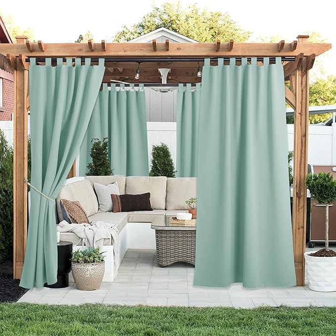 NICETOWN 2 Panels Aqua Blue Outdoor Curtainss for Patio Waterproof, Self-Stic...