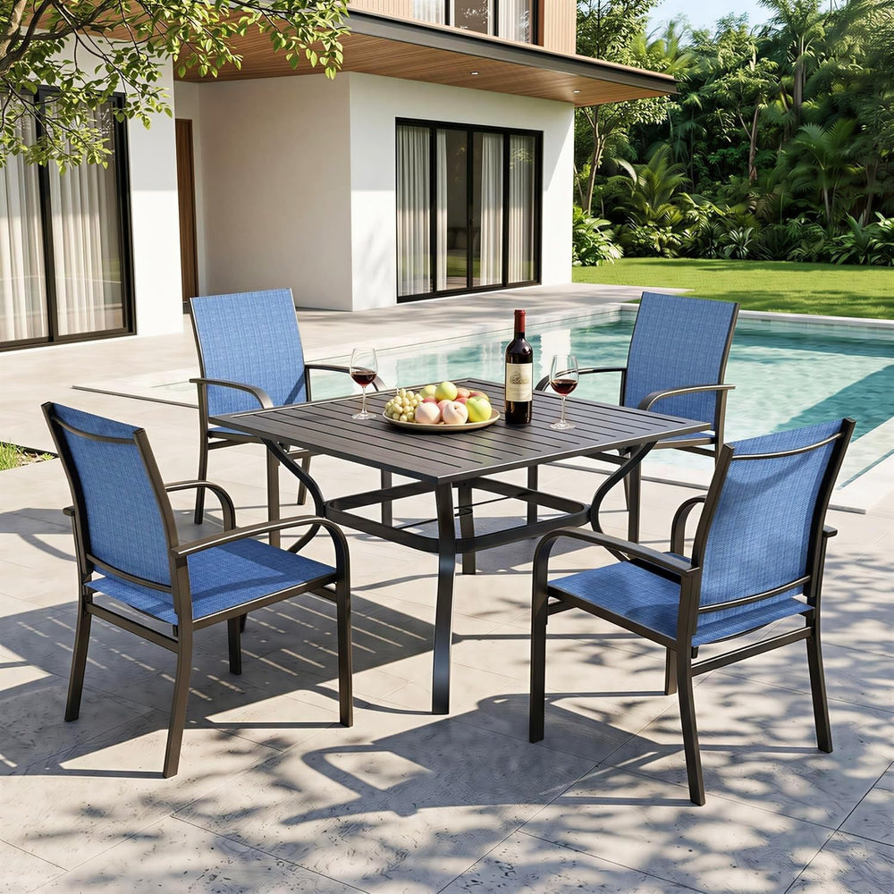 HERA'S HOUSE 5pc Patio Dining Set for 4, Outdoor Metal Table & Blue C...
