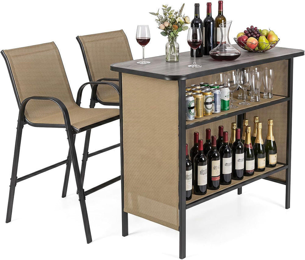 Tangkula 3 Piece Outdoor Bar Set with Stools, Brown