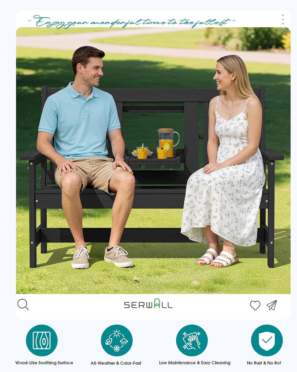 SERWALL HDPE Outdoor Bench with Cup Holder Oversized 58" Porch Bench, Black