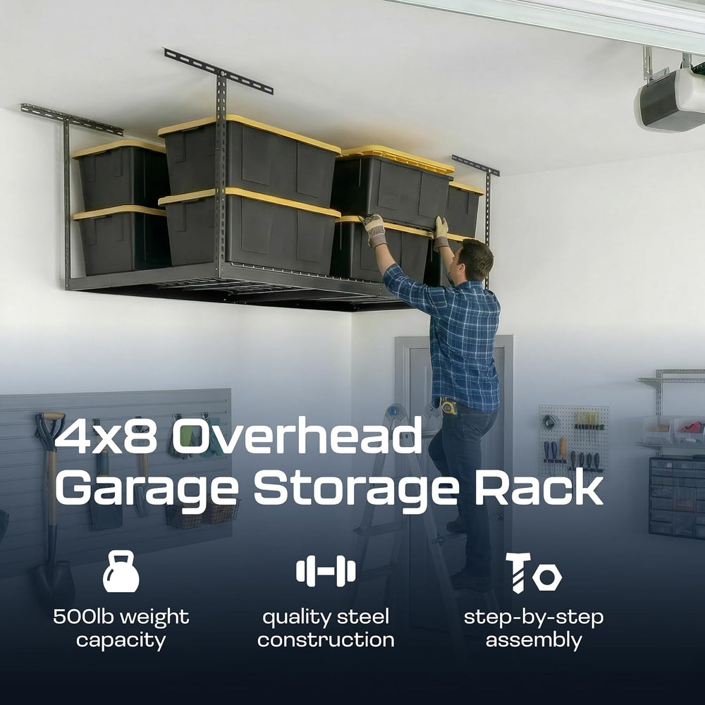 MonsterRax 4x8 Overhead Garage Storage Rack, Gray, 12"-24" Height