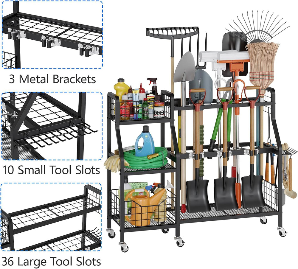 keomaisyto Heavy-Duty Garden Tool Organizer with 6 Wheels and 2 Baskets
