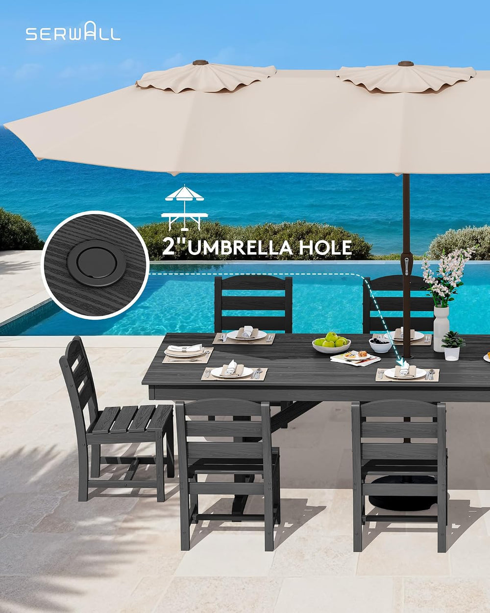 SERWALL 9Pcs 84" HDPE Outdoor Dining Set for 8 with Armless Chairs,Black