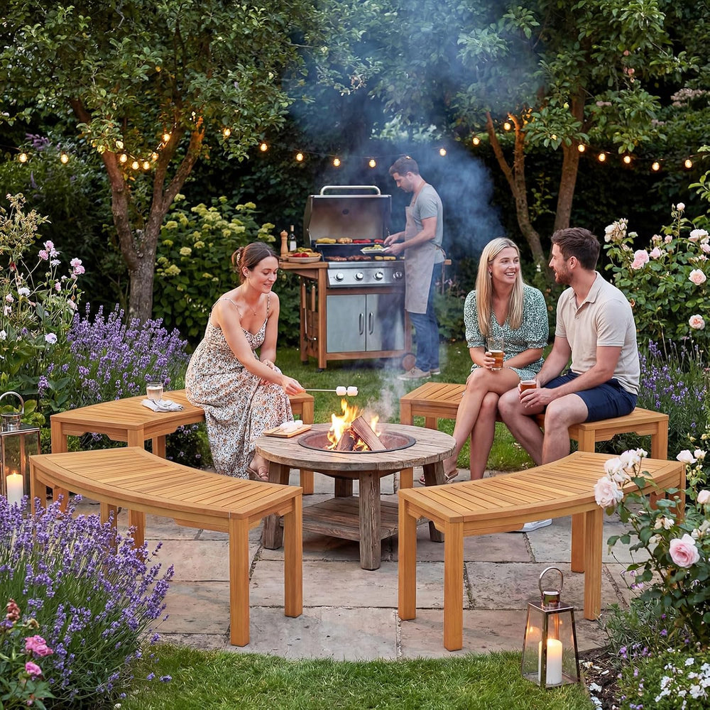 RELAX4LIFE Wooden Outdoor Curved Bench - Acacia Wood Garden Bench w/Slatted S...