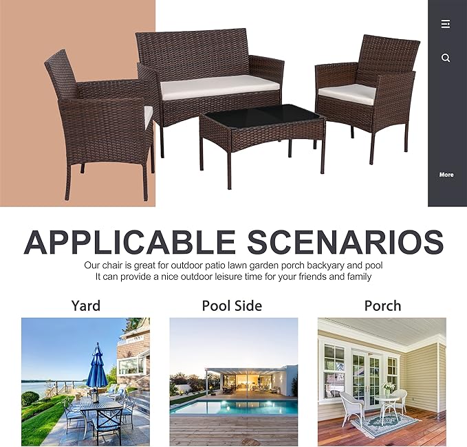 Shintenchi 4 Piece Outdoor Patio Furniture Set, Wicker Rattan Patio Conversat...
