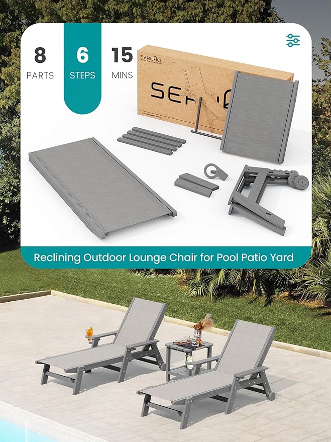 SERWALL Patio Chaise Lounge Chair, 5 Positions Outdoor Lounger for Pool, Text...
