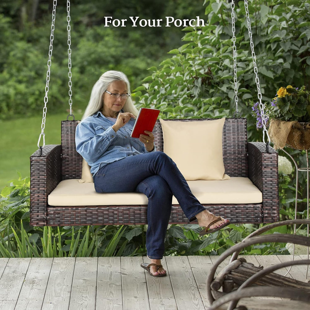 VINGLI 4FT Wicker Swing, Rattan Porch Swing, Outdoor Hanging Seat, Brown