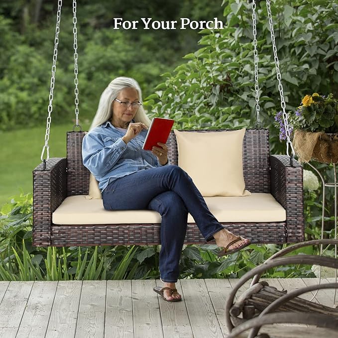 VINGLI Heavy Duty 800 LBS Wicker Hanging Porch Swing with Cushions & Chai...