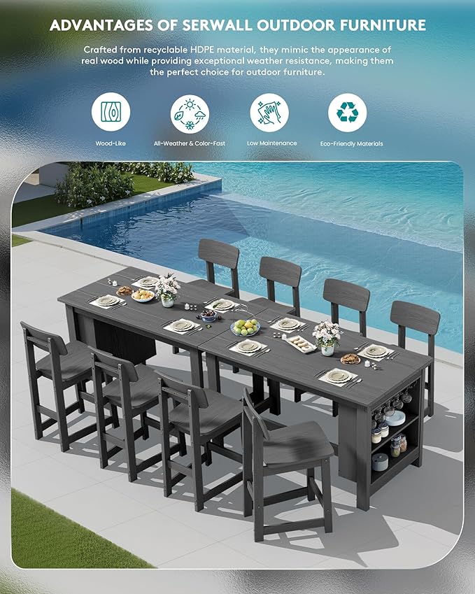 SERWALL 3-Piece Outdoor Counter Height Bar Set, HDPE Patio Bar Table with Win...