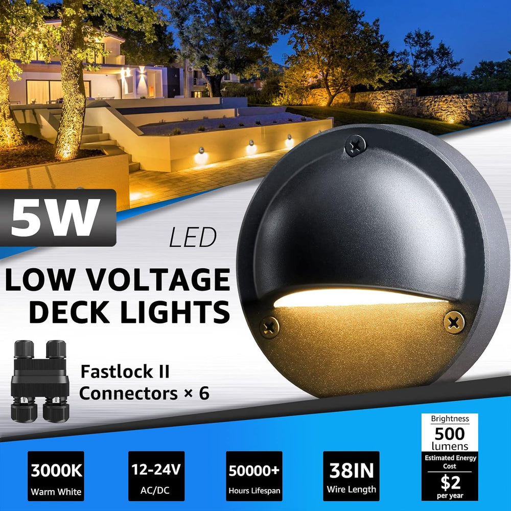 SUNVIE 4" Low Voltage Deck Lights 5W Black Cast-Aluminum 3000K, 6-Pack