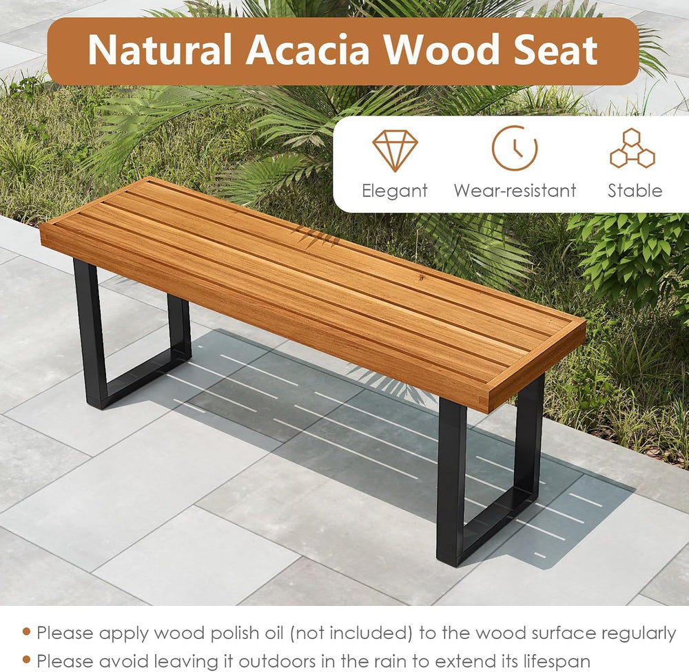 HAPPYGRILL Acacia Wood Bench for 2 People, Outdoor Dining Bench with Metal Le...