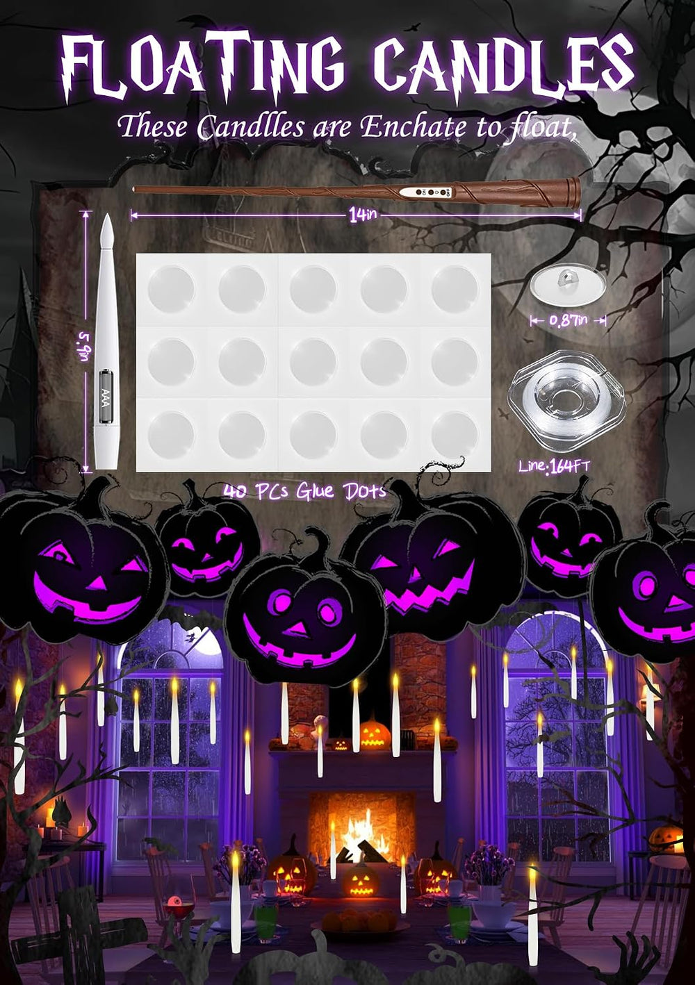 10 Floating Candles with Wand & 11 AAA Batteries Halloween Decor